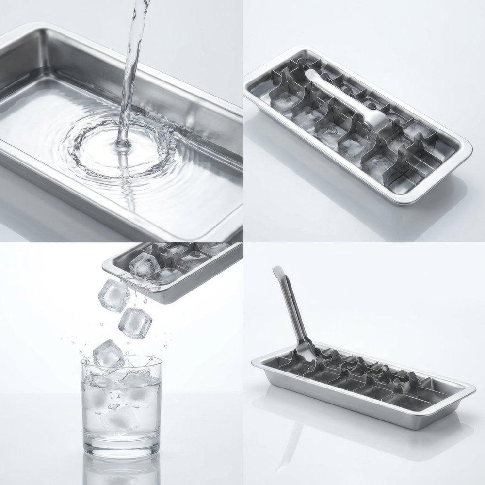 Fjord 001 stainless steel ice tray being filled with water