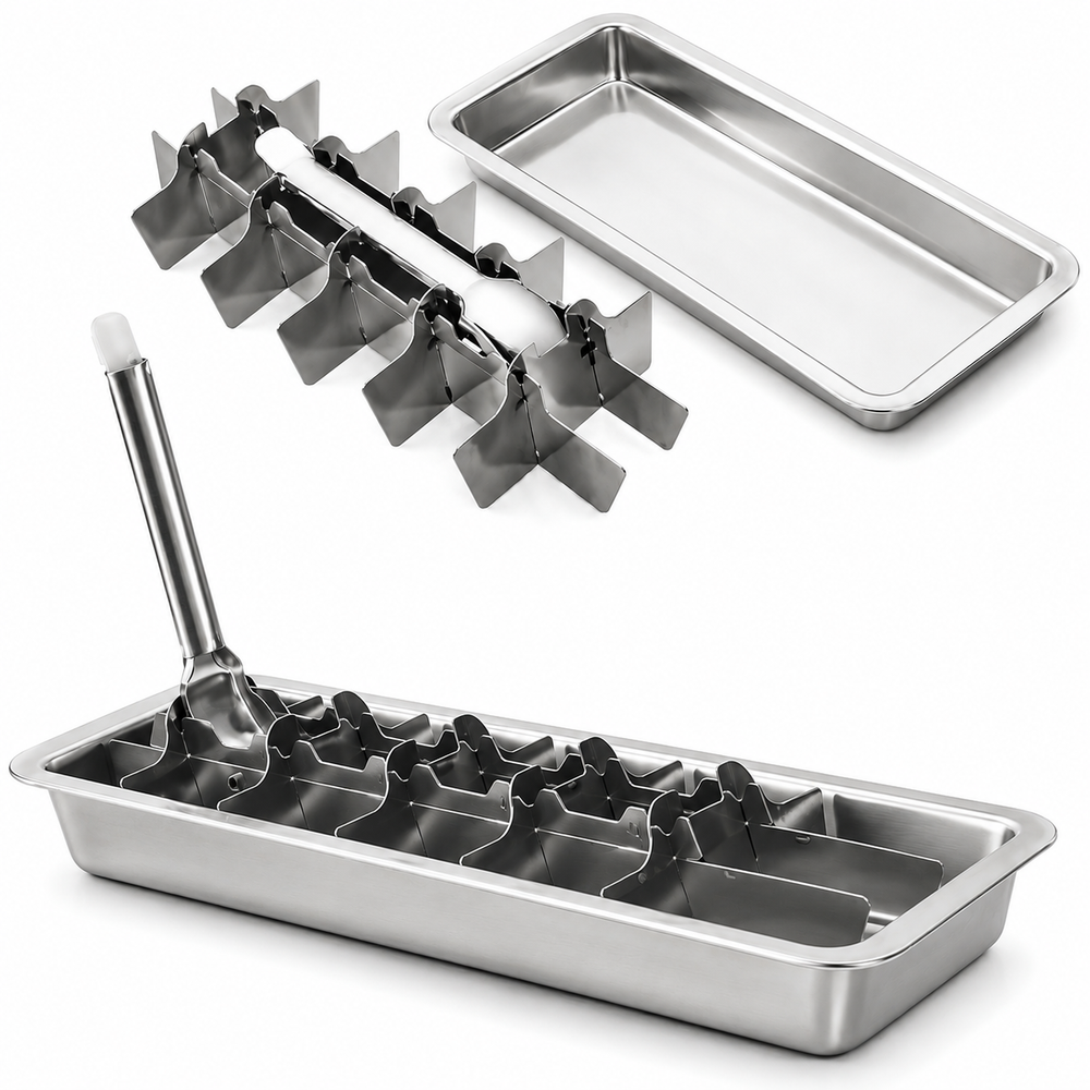 Fjord 001 stainless steel ice tray, grid and base shown separately
