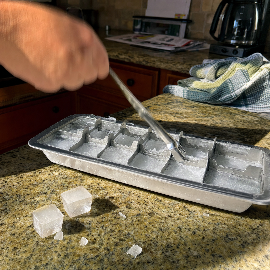Fjord 001 stainless steel ice tray in Anna's kitchen